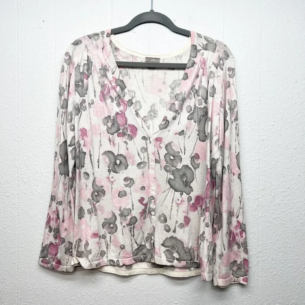 J.Jill Silk Cotton Cashmere Floral Cardigan Sweater Womens Medium Quiet Luxury